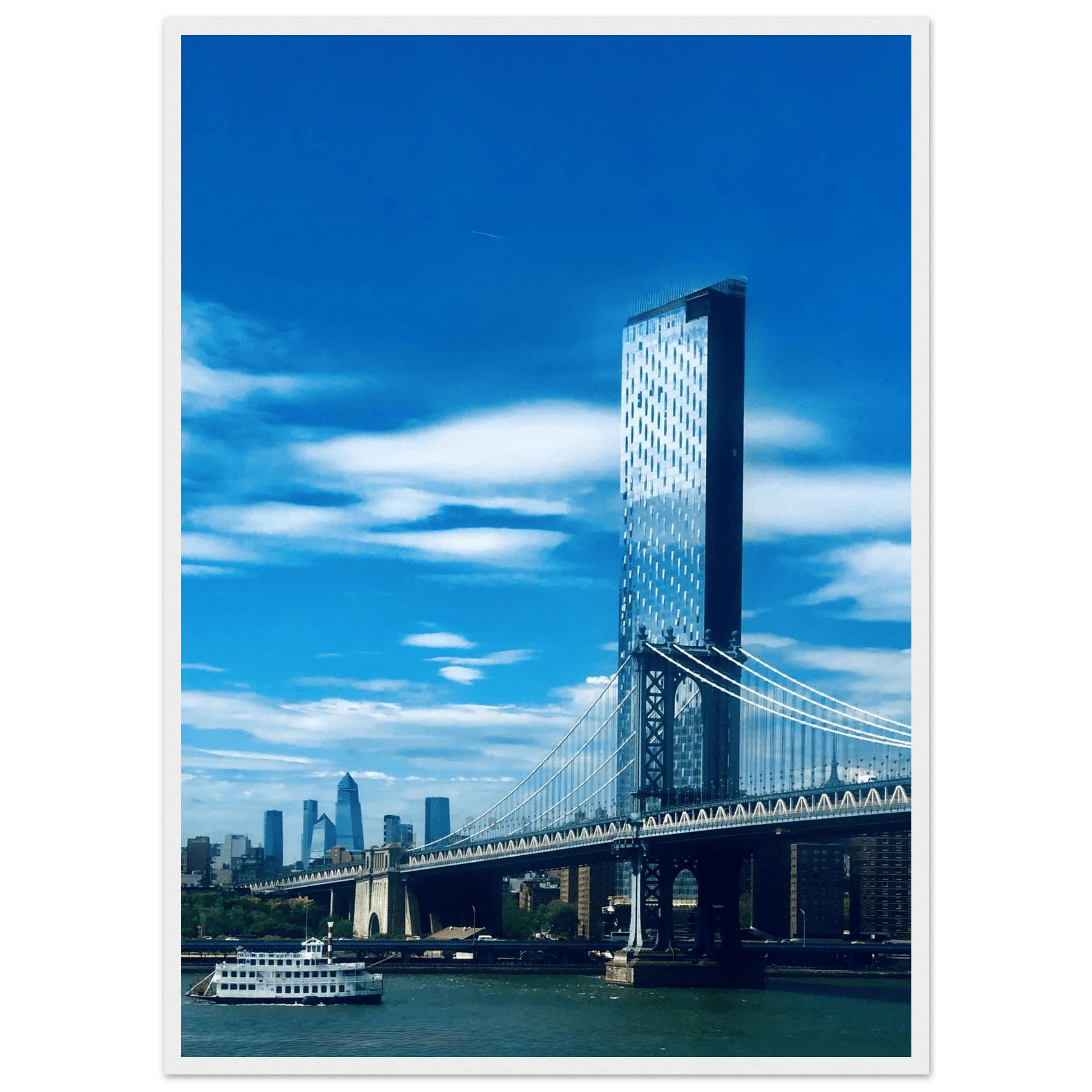 Framed NYC Manhattan Bridge and East River urban photography print, showcasing iconic New York City skyline and bridge detail.