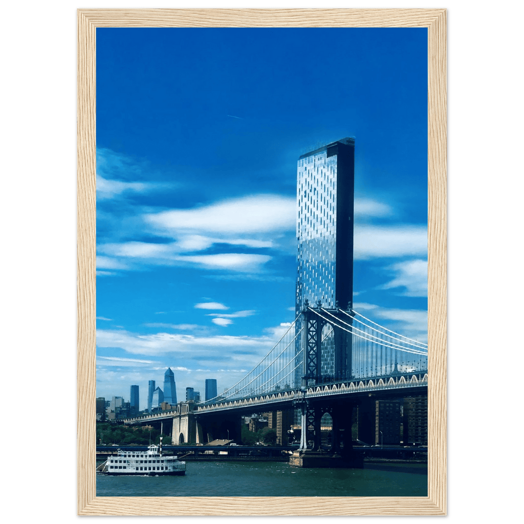 Framed NYC Manhattan Bridge and East River print by My Store, 15x20 cm, featuring urban photography in a white frame.