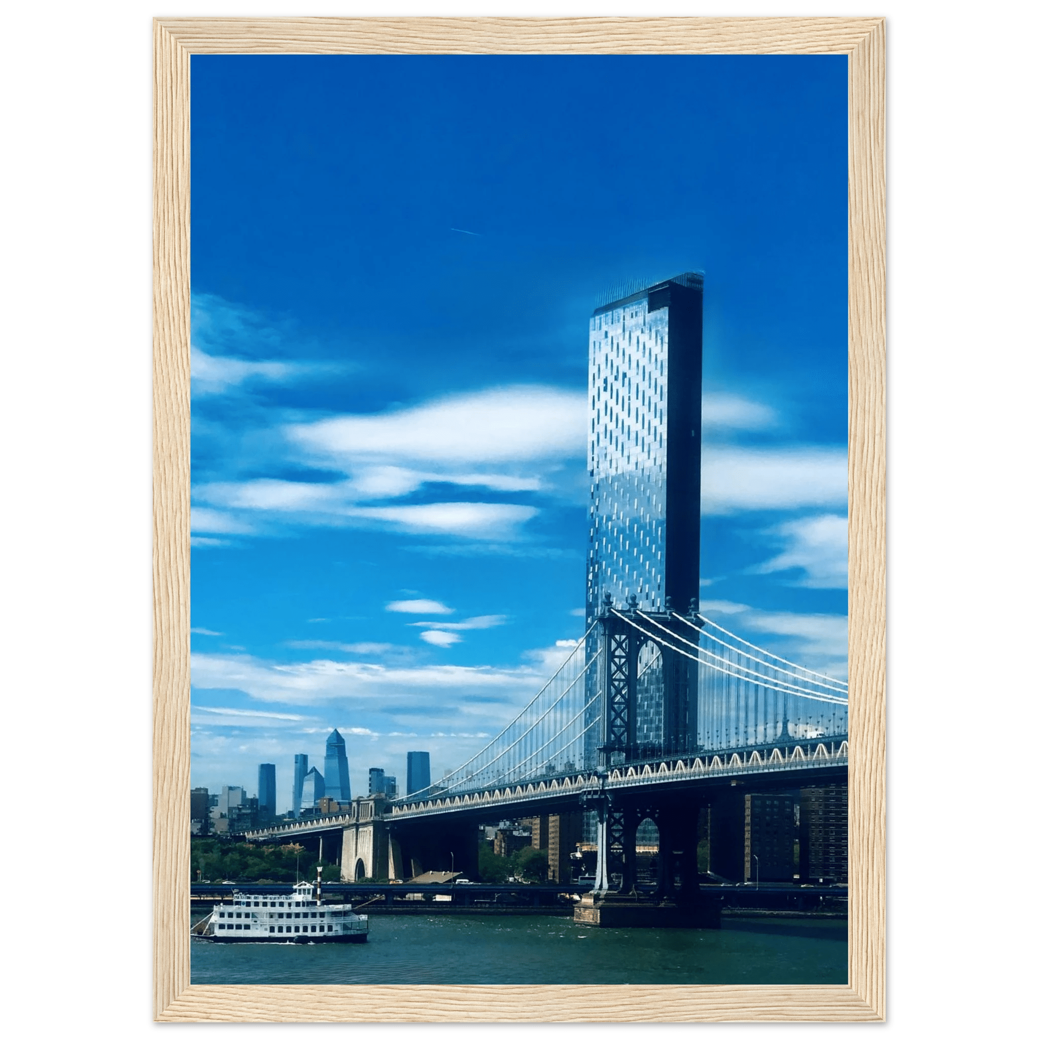 Framed NYC Manhattan Bridge and East River urban photography print, stunning travel collection artwork with modern cityscape design.