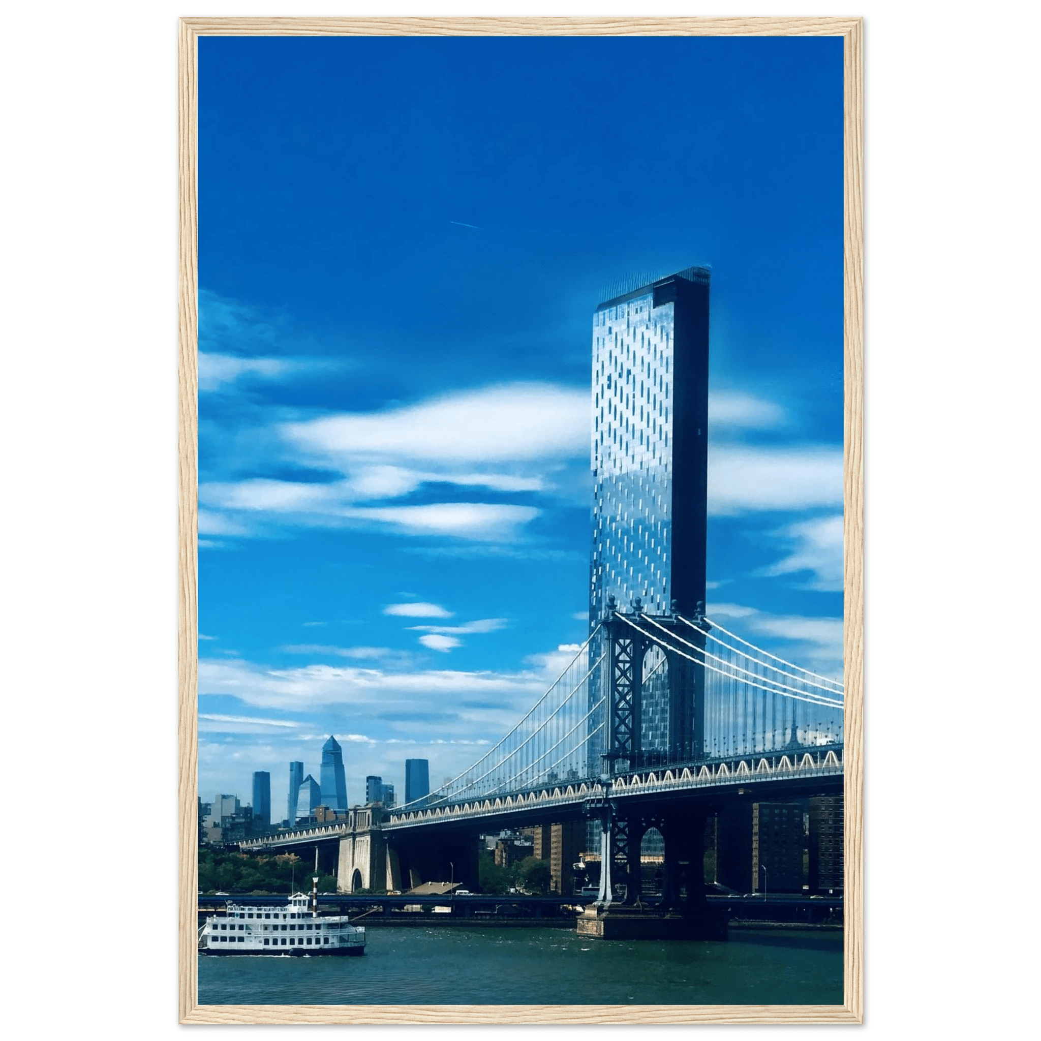 Framed NYC Manhattan Bridge and East River urban photography print, showcasing iconic New York City skyline and bridge details.