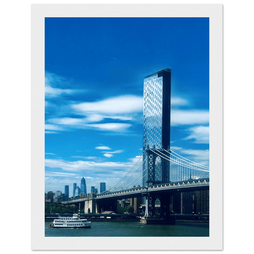 Framed print of NYC Manhattan Bridge and East River, urban photography on white 15x20 cm frame, part of My Store's travel collection.