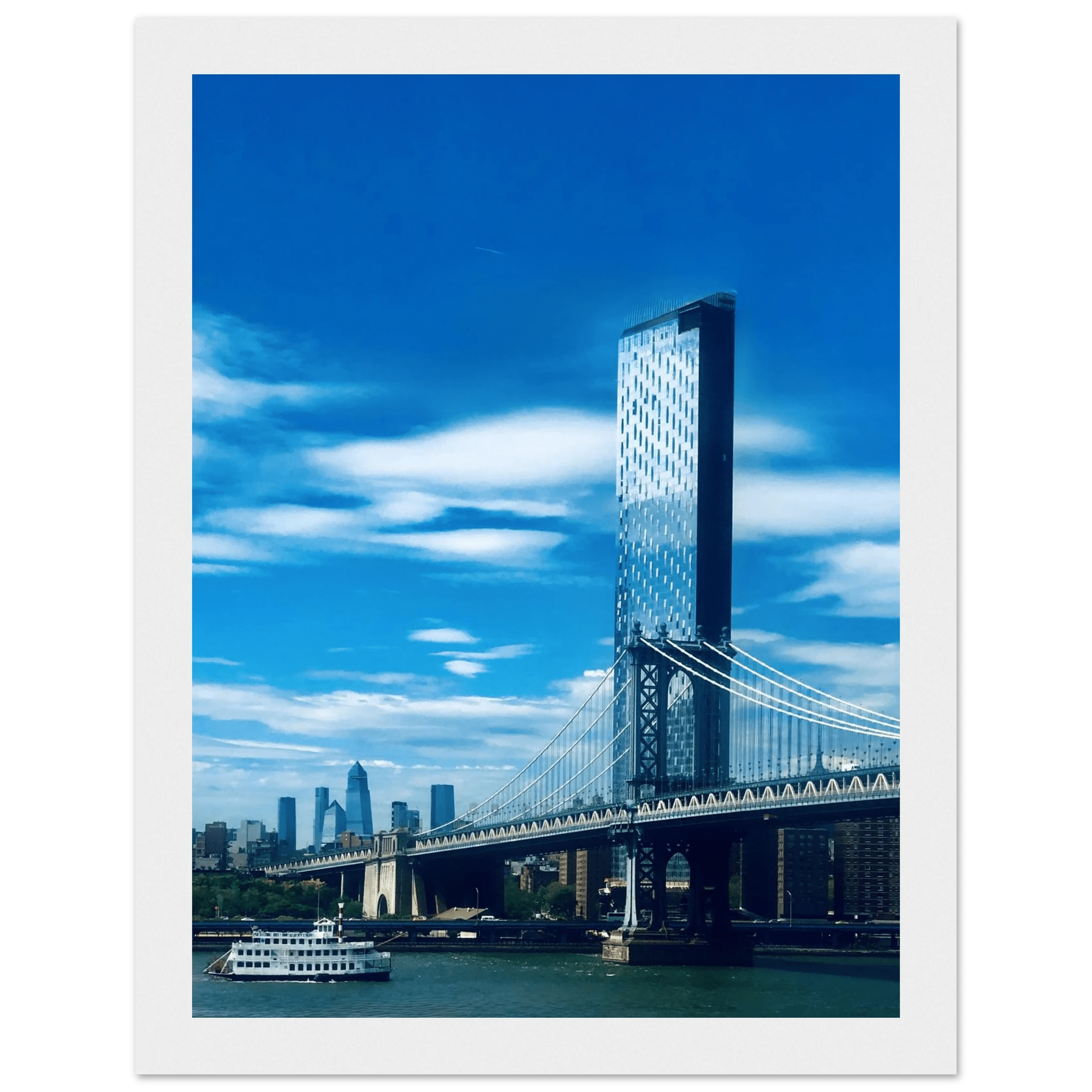 Framed NYC Manhattan Bridge and East River urban photography poster, showcasing iconic New York City skyline and bridge views.