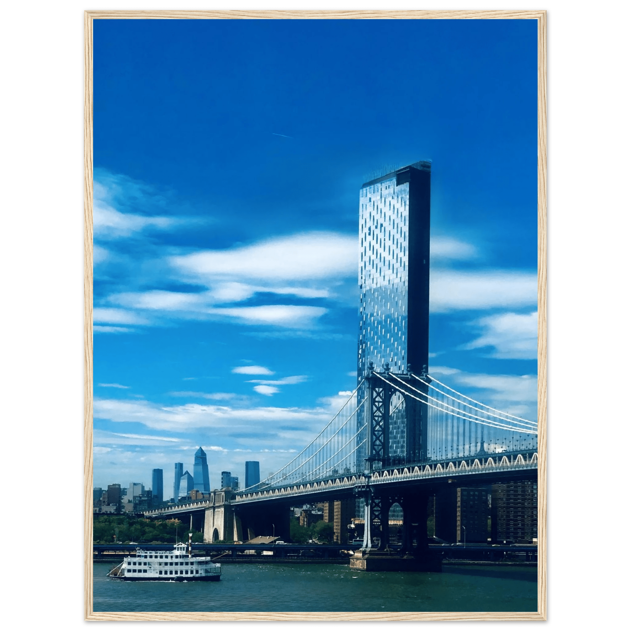 Framed NYC Manhattan Bridge and East River urban photography poster, showcasing iconic New York City skyline and bridge details.