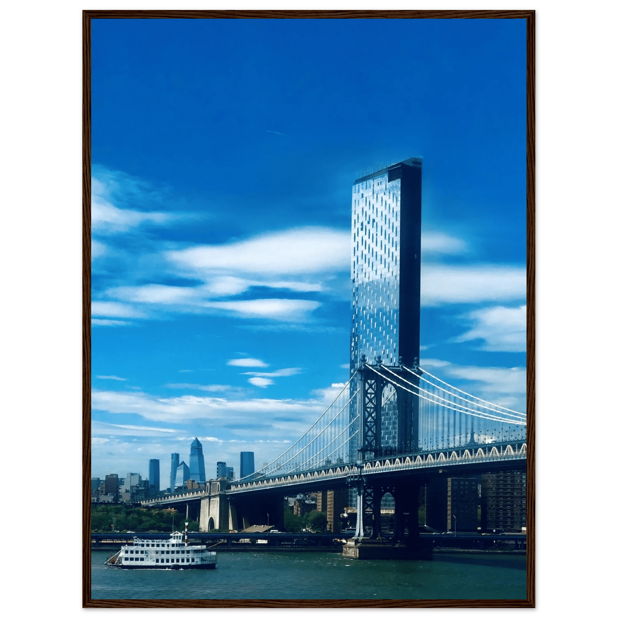 Framed NYC Manhattan Bridge and East River urban photography poster, showcasing iconic New York City skyline and architecture.