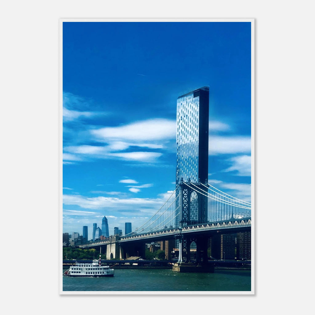 Framed NYC Manhattan Bridge and East River urban photography print in a white 15x20 cm frame, part of the Travel Collection.