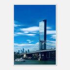 Framed NYC Manhattan Bridge and East River urban photography print in a white 15x20 cm frame, part of the Travel Collection.