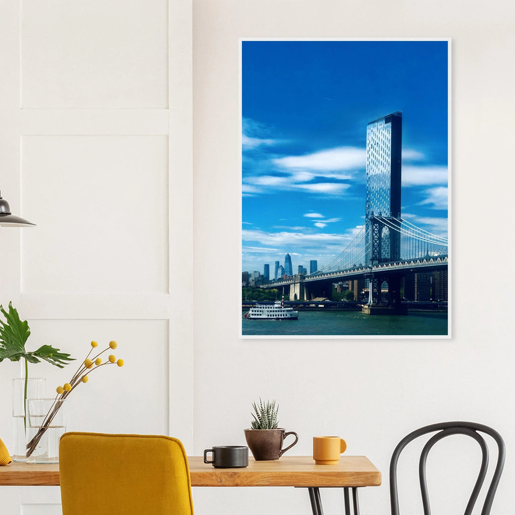 Framed NYC Manhattan Bridge and East River urban photography print in a white 15x20 cm frame, part of the Travel Collection.