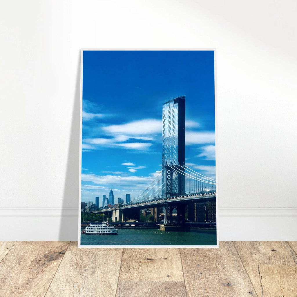 Framed NYC Manhattan Bridge and East River urban photography print in white frame, 15x20 cm, part of travel collection.