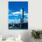 Framed NYC Manhattan Bridge and East River urban photography print in a white 15x20cm frame, part of a travel collection.