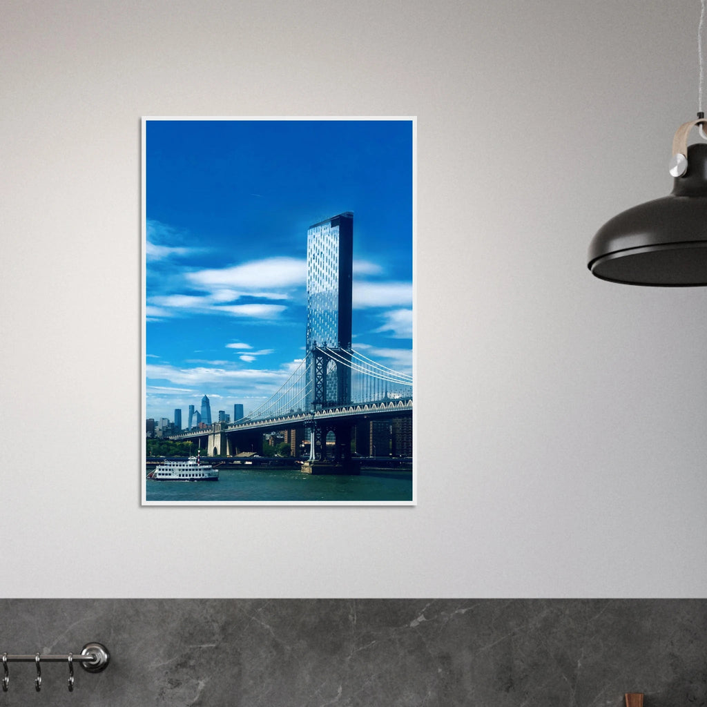 Framed NYC Manhattan Bridge and East River urban photography poster on white frame, 15x20cm print from My Store's travel collection.