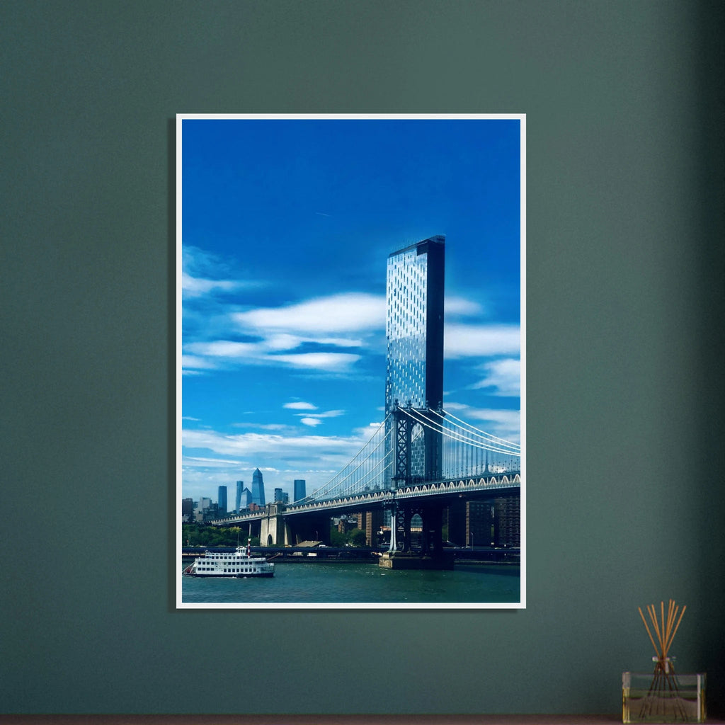 Framed NYC Manhattan Bridge and East River urban photography poster in a white 15x20 cm frame, part of the travel collection.