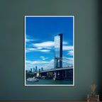 Framed NYC Manhattan Bridge and East River urban photography poster in a white 15x20 cm frame, part of the travel collection.