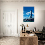 Framed NYC Manhattan Bridge and East River urban photography print, 15x20 cm, white frame, travel collection, studio edition.