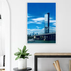 Framed poster of NYC Manhattan Bridge and East River, urban photography print in a white 15x20 cm frame, part of travel collection.