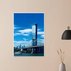 Framed NYC Manhattan Bridge and East River urban photography poster in a white 15x20 cm frame, showcasing iconic New York City scenery.