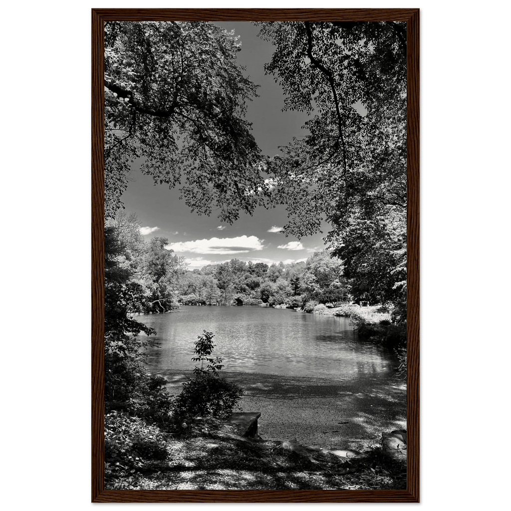 Framed wooden black and white poster of Central Park in summer glow from the Travel Collection Studio Edition, ideal for wall decor.