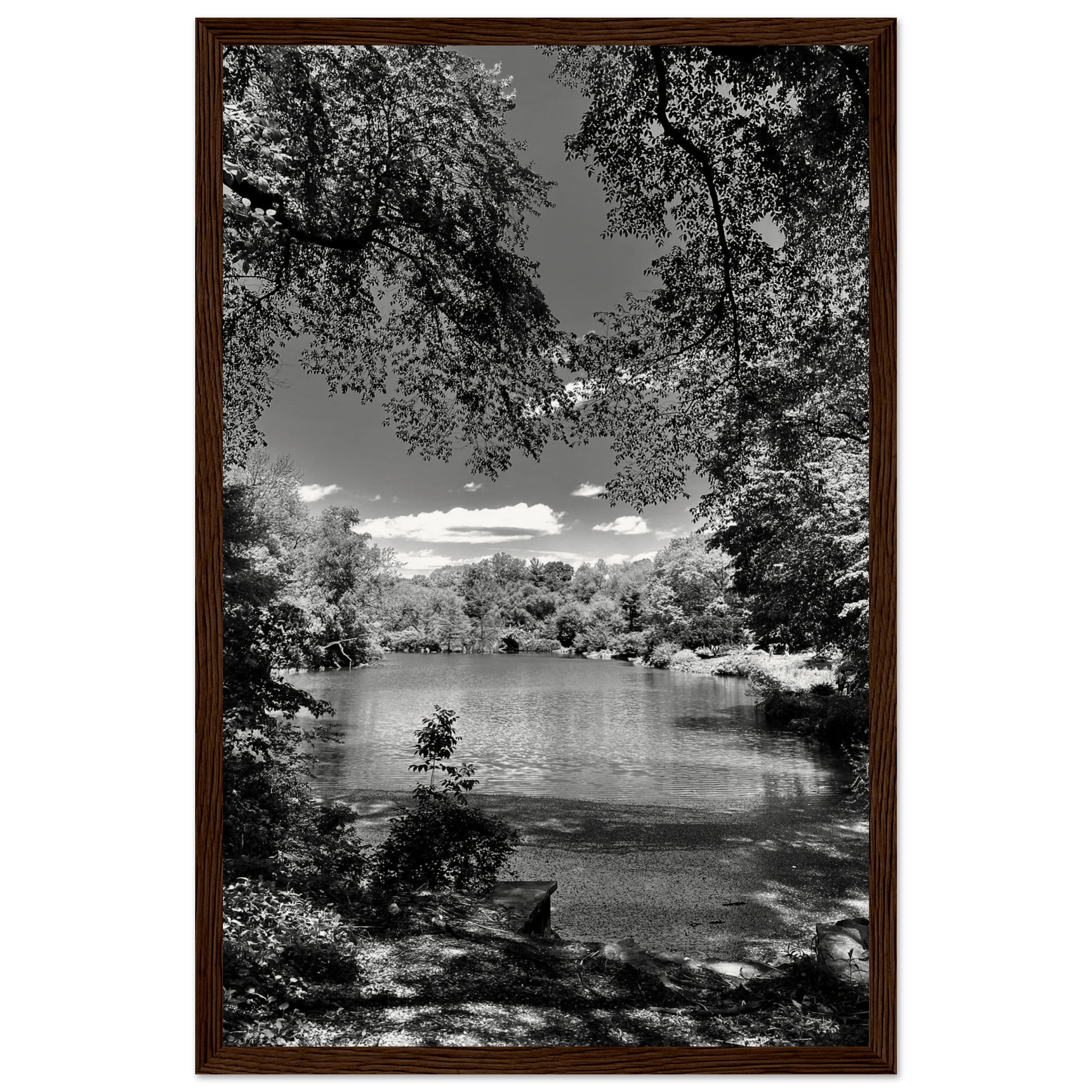 Framed wooden black and white poster of Central Park in summer glow from the Travel Collection Studio Edition, ideal for wall decor.