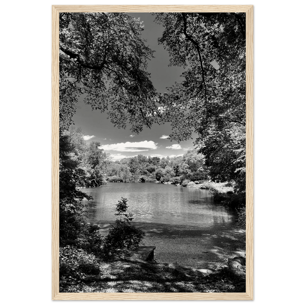 Framed black and white wooden poster of Central Park in summer glow, part of the Travel Collection Studio Edition.