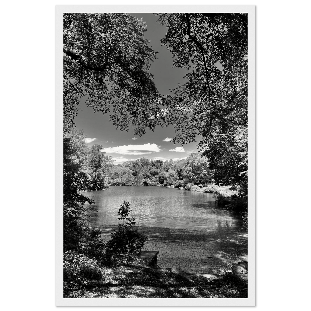 Framed wooden print of Central Park in a summer glow from the Travel Collection Studio Edition, black and white style artwork.
