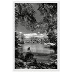 Framed wooden print of Central Park in a summer glow from the Travel Collection Studio Edition, black and white style artwork.