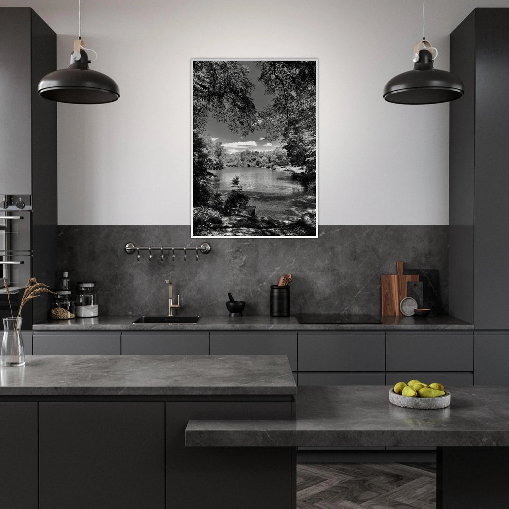 Framed wooden print of Central Park in a summer glow, part of the Studio Edition Black & White Series, ideal for home decor.