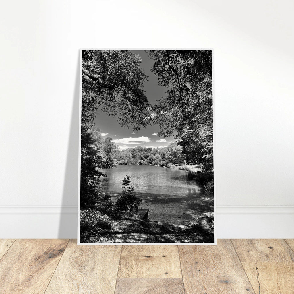 Framed wooden print of Central Park in summer glow, black and white Studio Edition travel collection artwork, stylish wall decor.
