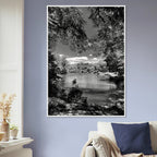 Framed black and white wooden poster of Central Park in summer glow, part of the Studio Edition Travel Collection.