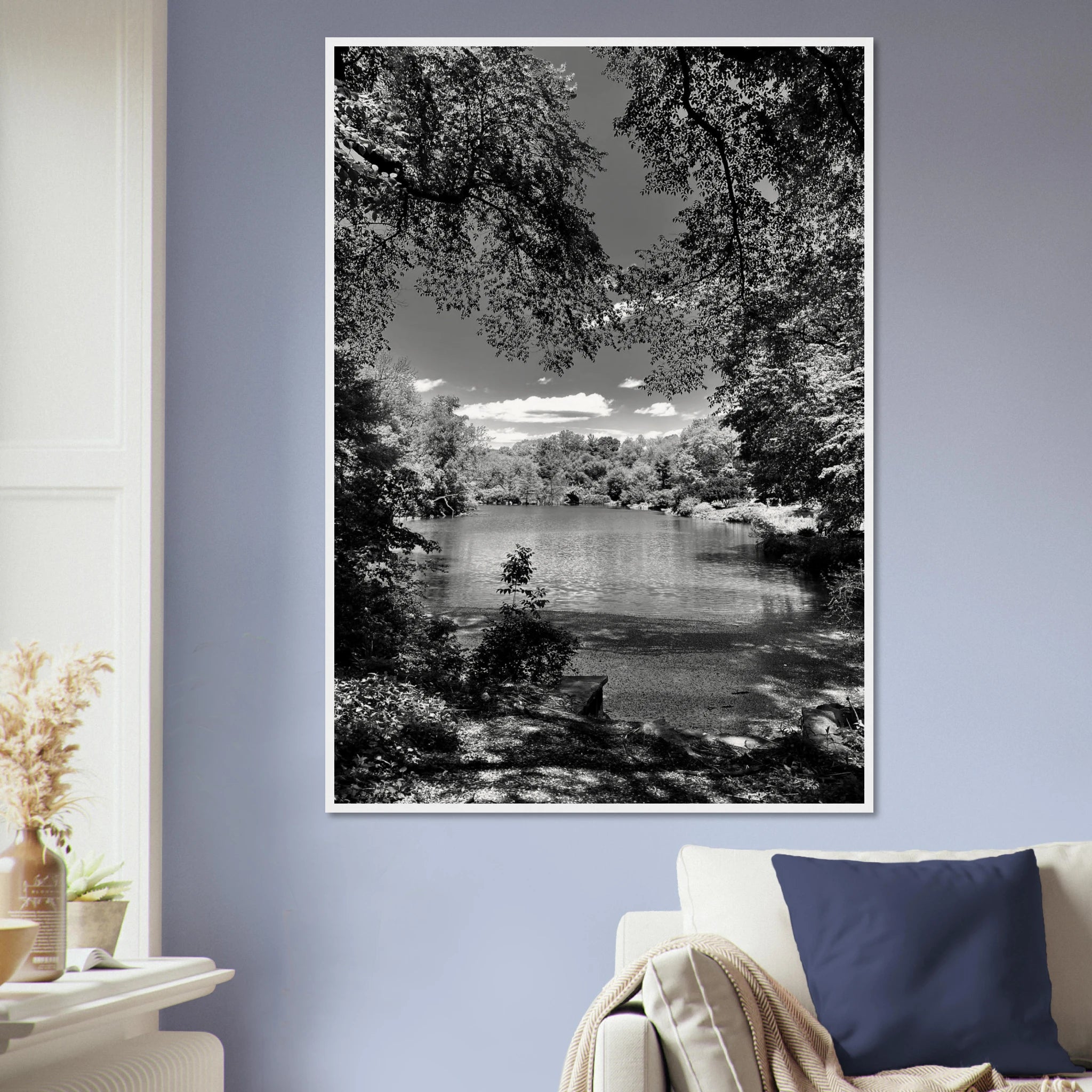 Framed black and white wooden poster of Central Park in summer glow, part of the Studio Edition Travel Collection.