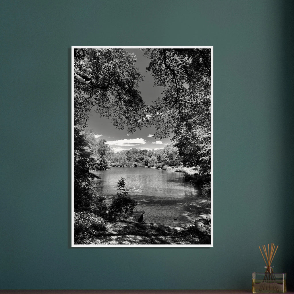 Framed wooden print of Central Park in a summer glow, from the Studio Edition Black & White Series, ideal for travel-inspired decor.