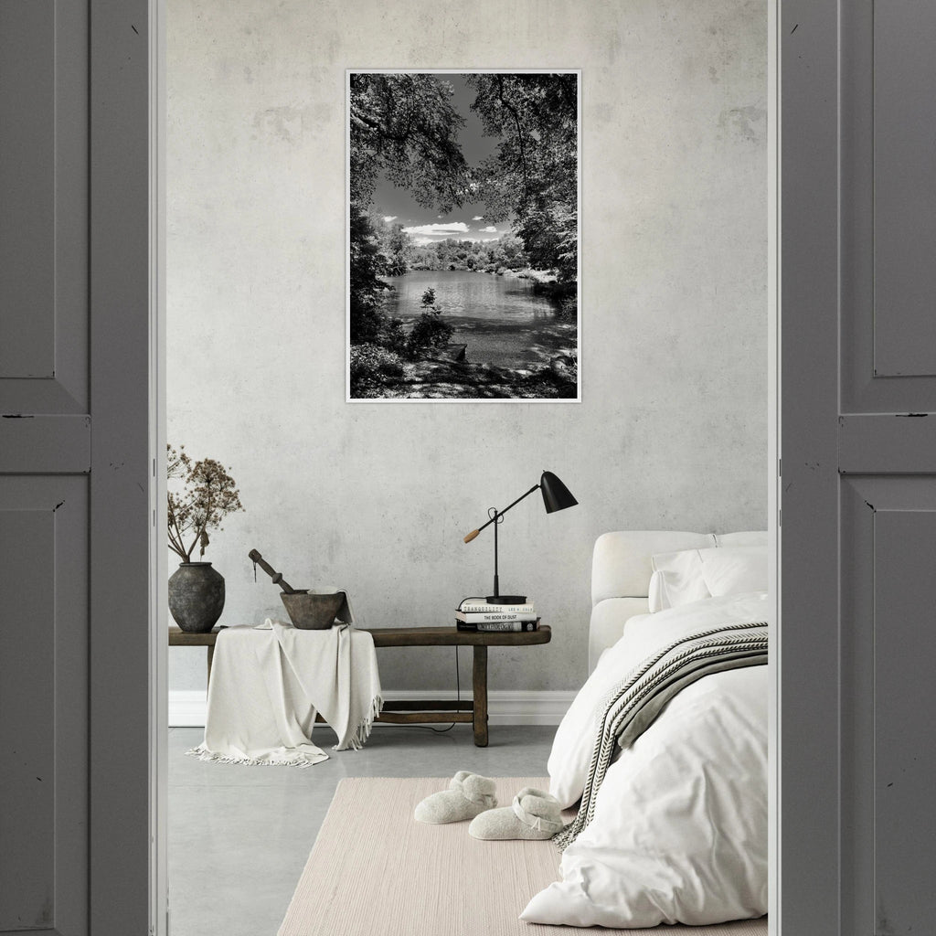 Framed wooden print of Central Park in summer glow from My Store's Travel Collection, black and white studio edition art.