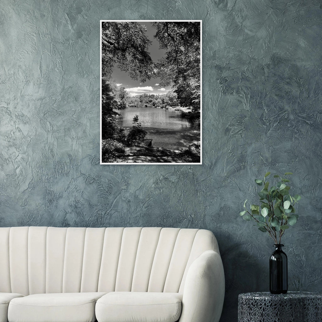Framed wooden print of Central Park in summer glow, black and white Studio Edition travel collection artwork for wall display.
