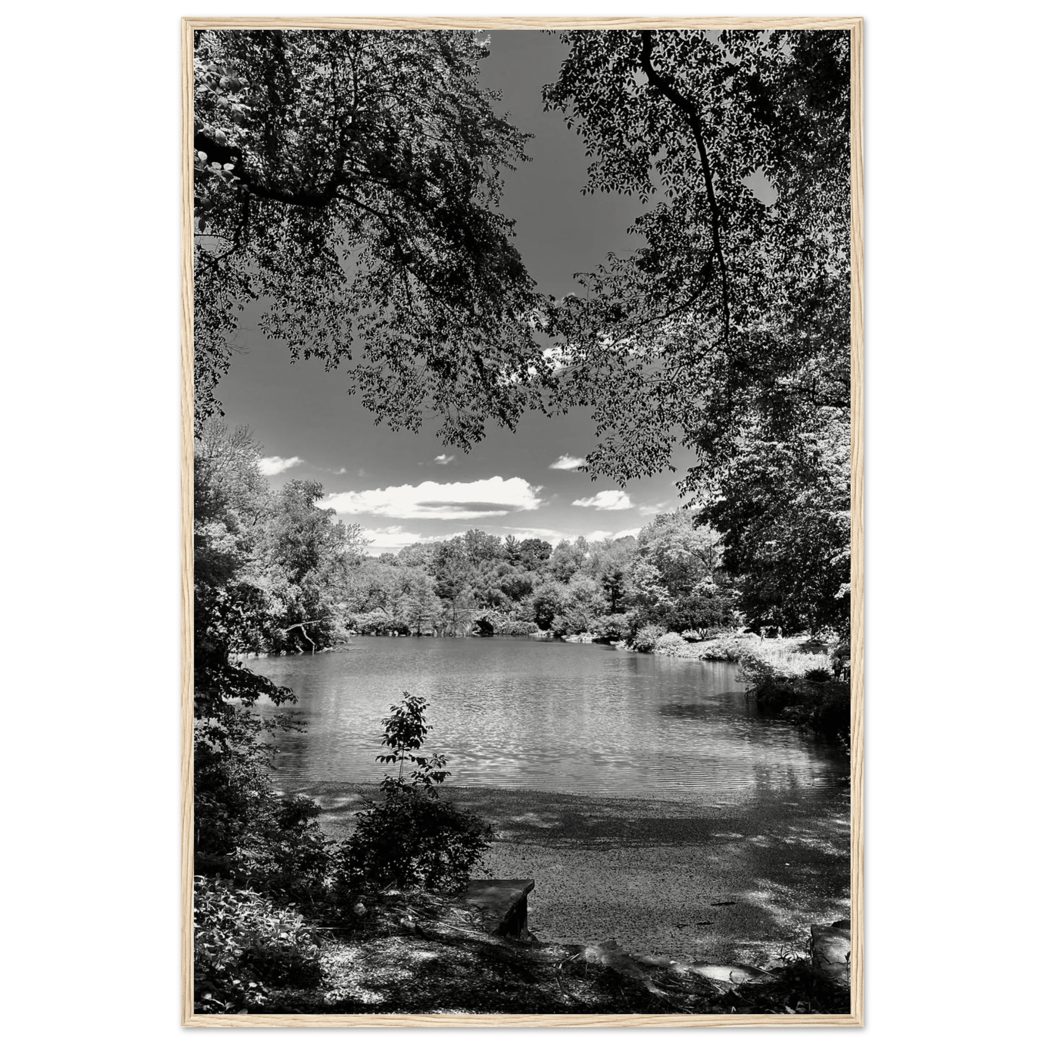 Framed wooden print of Central Park in summer glow from My Store's Travel Collection, black and white studio edition artwork.
