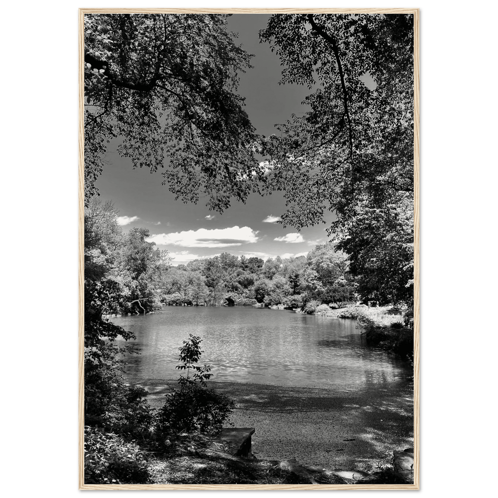 Framed wooden poster of Central Park in summer glow, black and white Studio Edition print from the Travel Collection.
