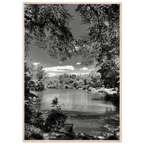 Framed wooden poster of Central Park in summer glow, black and white Studio Edition print from the Travel Collection.