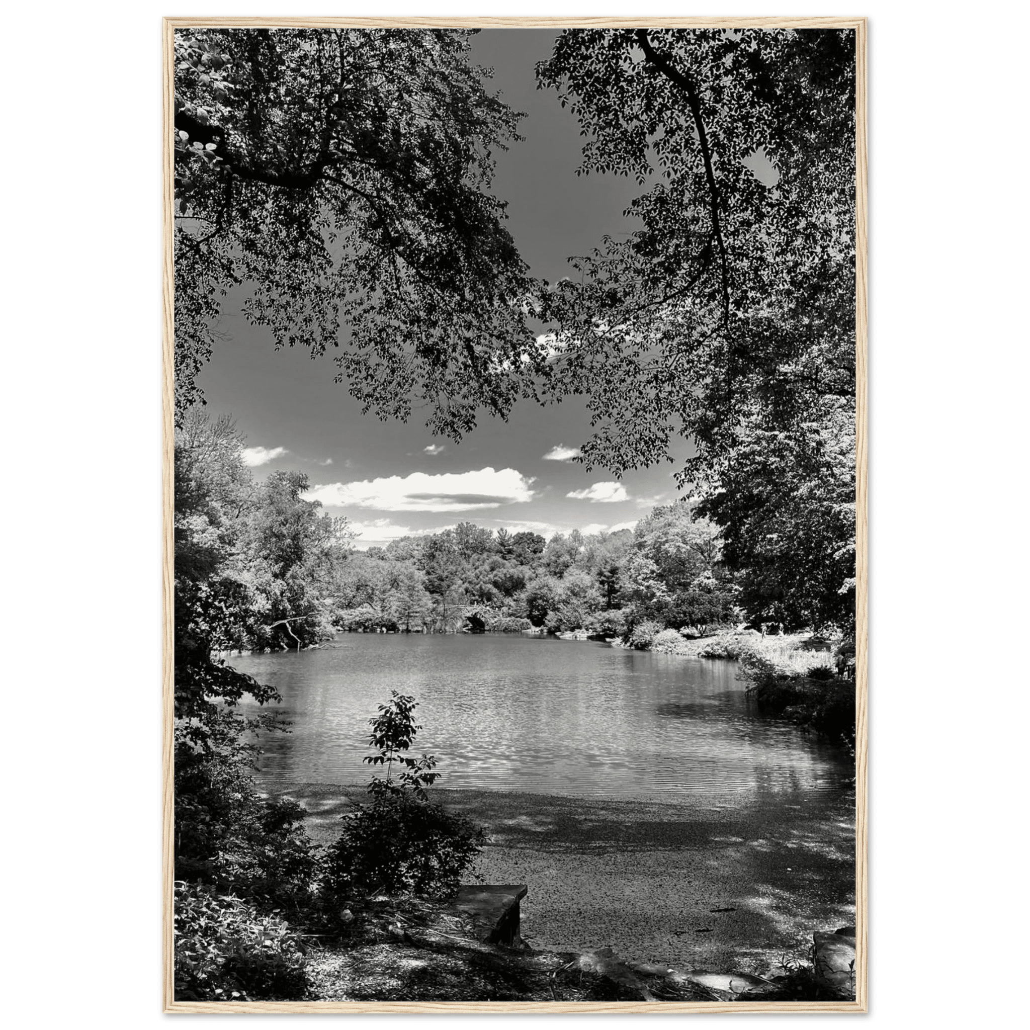 Framed wooden poster of Central Park in summer glow, black and white Studio Edition print from the Travel Collection.