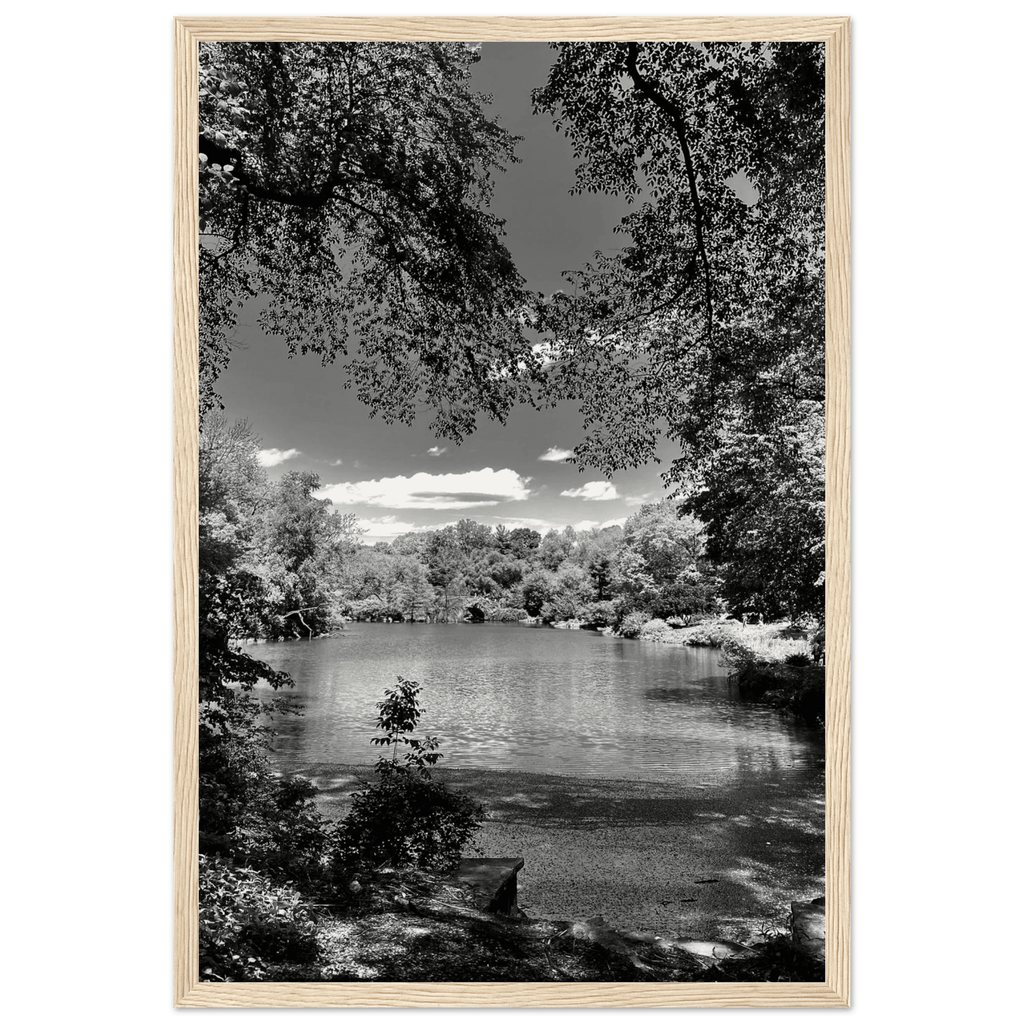 Framed wooden poster of Central Park in summer glow from the Travel Collection Studio Edition, black and white series, luxury art print.