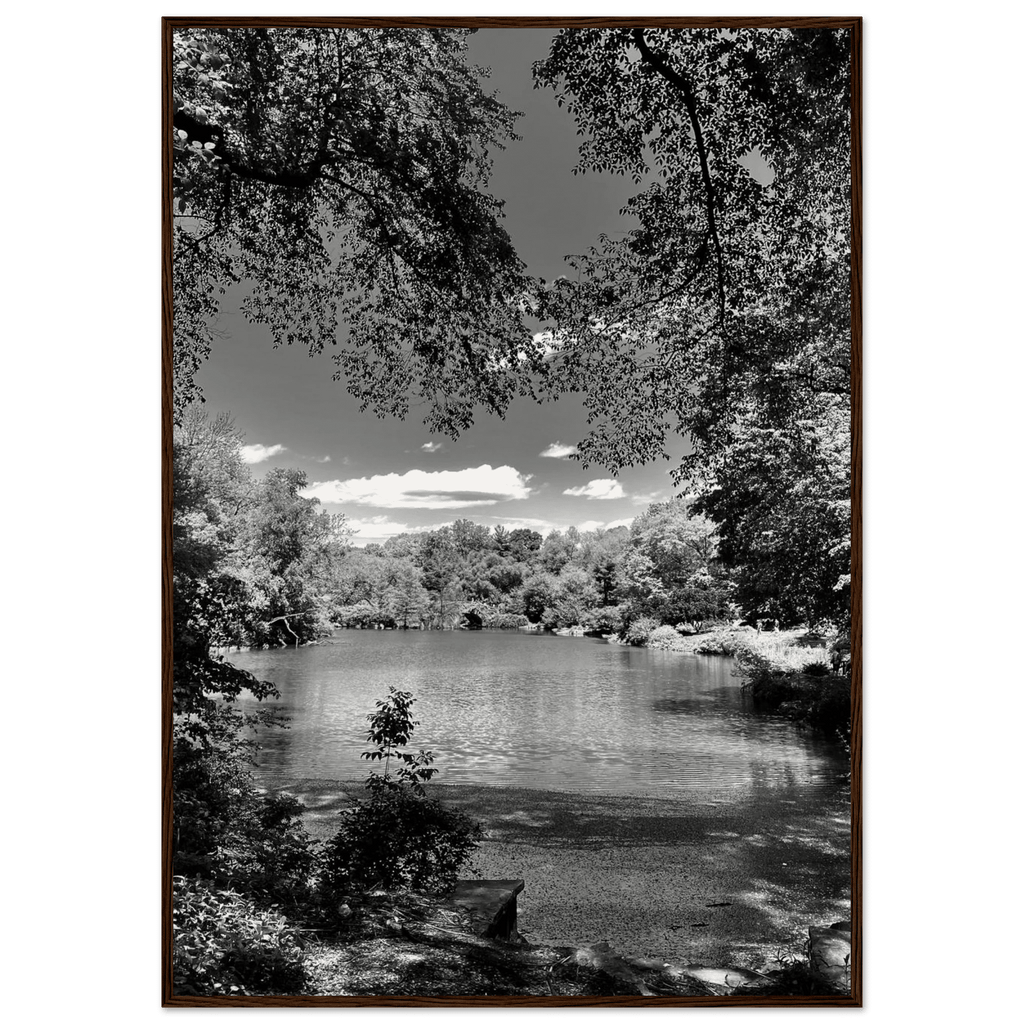 Framed wooden poster of Central Park in summer glow from My Store's Travel Collection, black and white Studio Edition print.