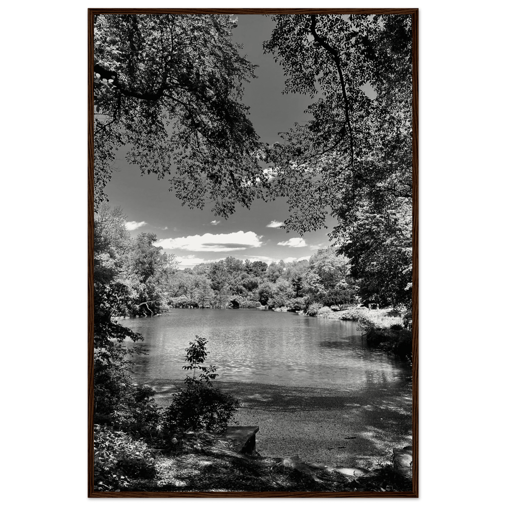 Framed wooden poster of Central Park in summer glow, part of My Store's Travel Collection, Studio Edition black and white series.