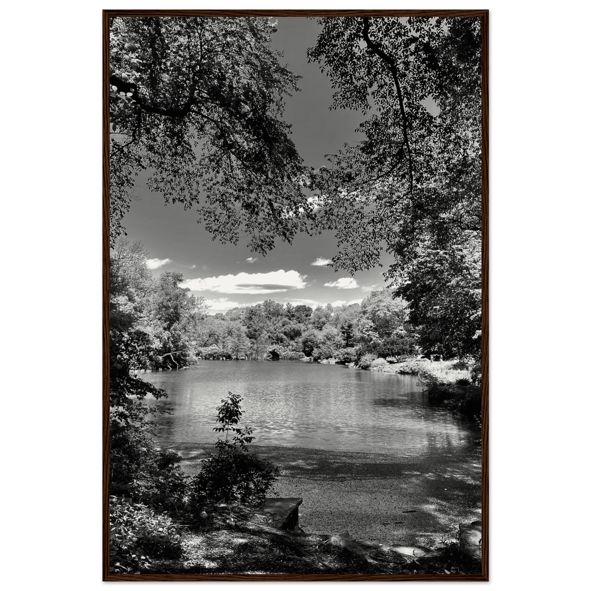 Framed wooden poster of Central Park in summer glow, part of My Store's Travel Collection, Studio Edition black and white series.