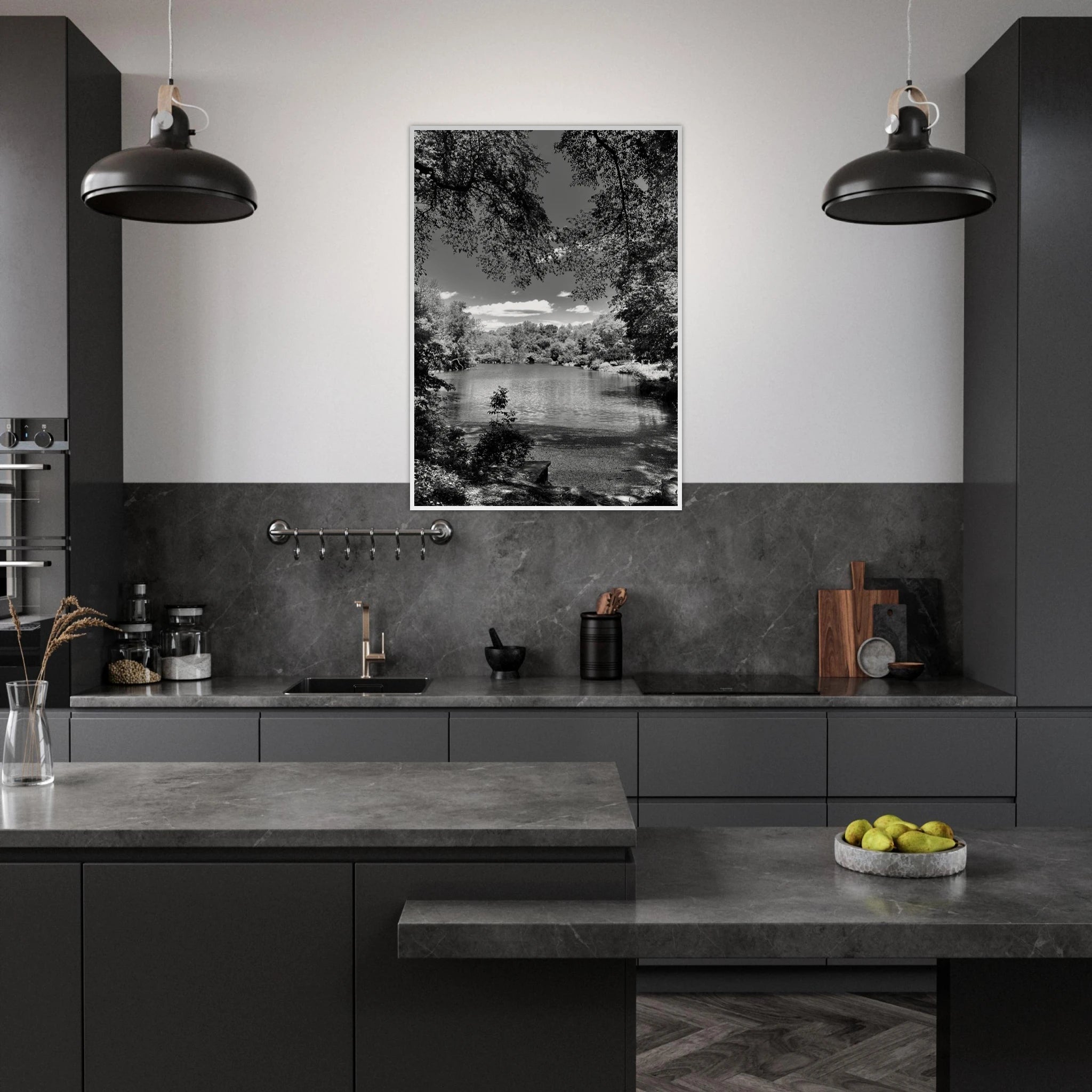 Framed wooden poster of Central Park in summer glow, from My Store's Travel Collection Black & White Series, studio edition print.