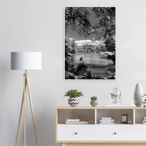 Black and white framed print of Central Park in summer, featuring NYC wall art on My Store's 15x20 cm wooden poster with white frame.