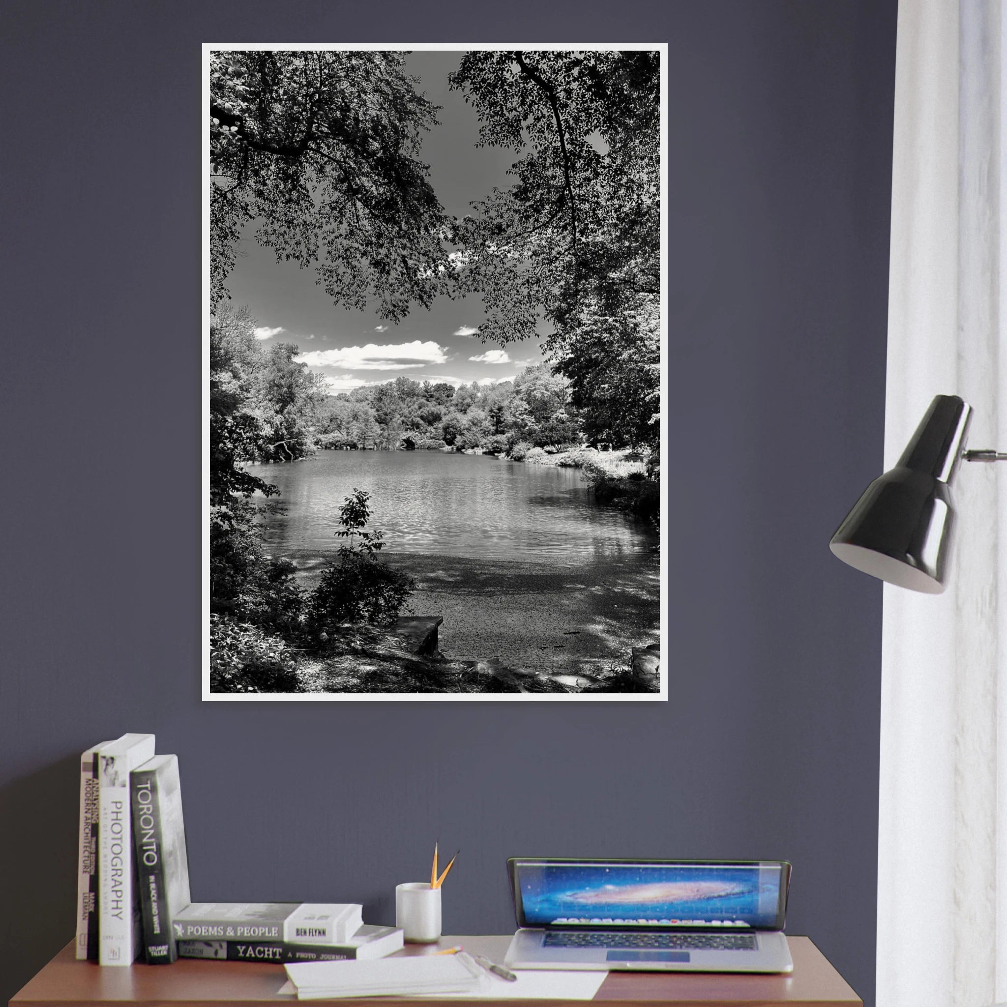 Framed wooden poster of Central Park in summer glow from My Store's Travel Collection, Studio Edition black and white series.