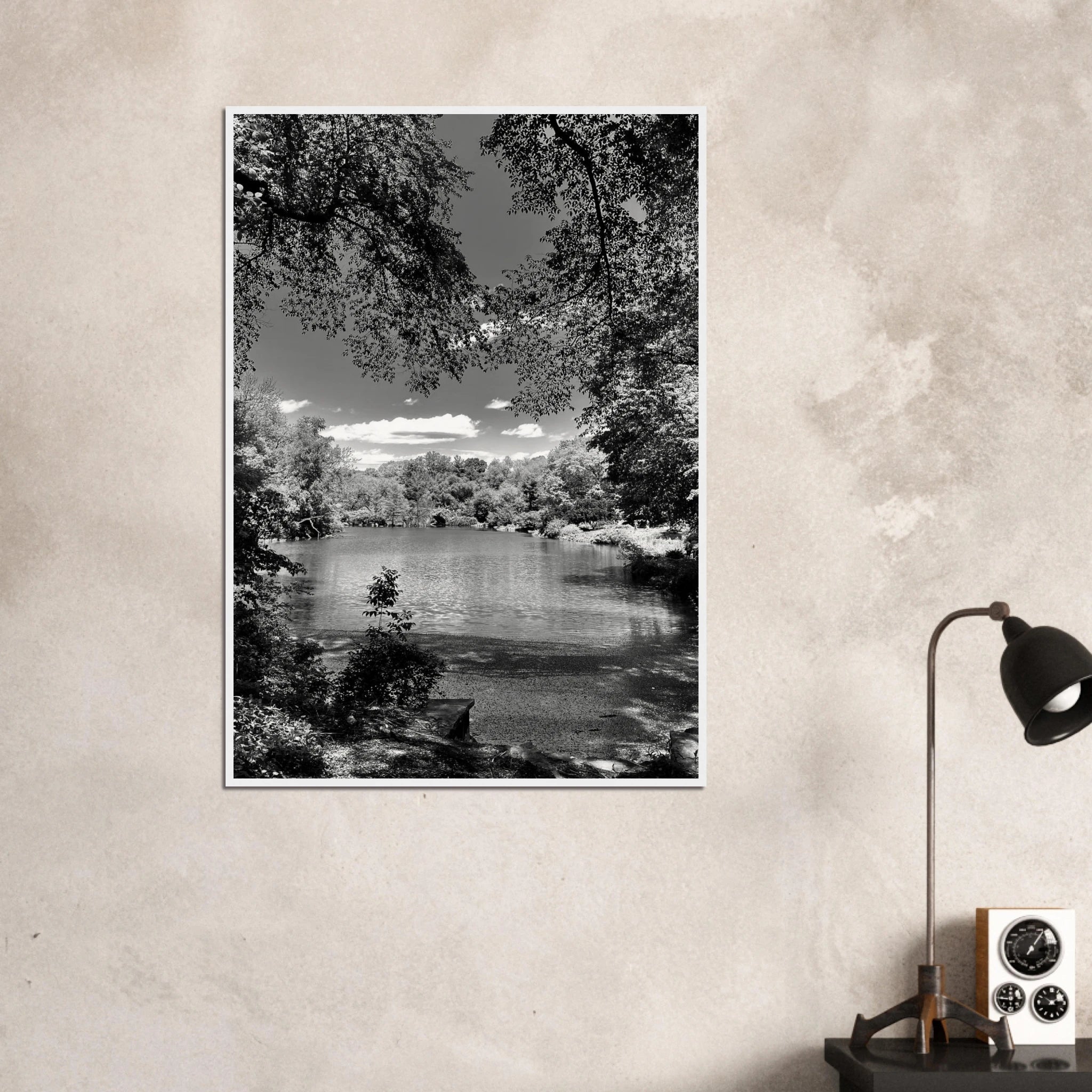 Framed wooden print of Central Park in summer glow from My Store's Travel Collection, black and white studio edition artwork.