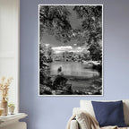 Framed wooden poster of Central Park in summer glow, black and white Studio Edition print from the Travel Collection.