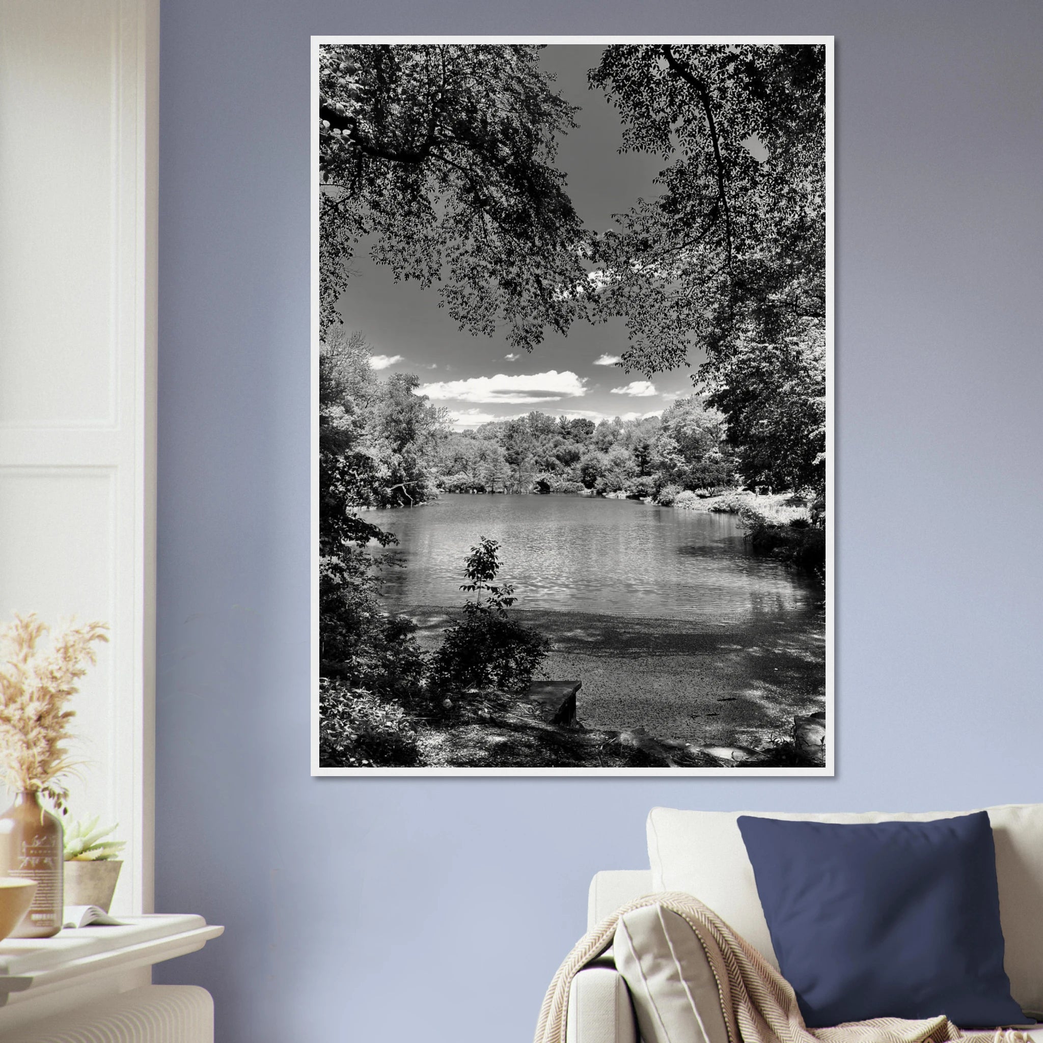 Framed wooden poster of Central Park in summer glow, black and white Studio Edition print from the Travel Collection.