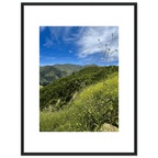 High-quality framed art print of Malibu Canyon in spring bloom wildflowers, California poster art, 15x20 cm print with white frame.