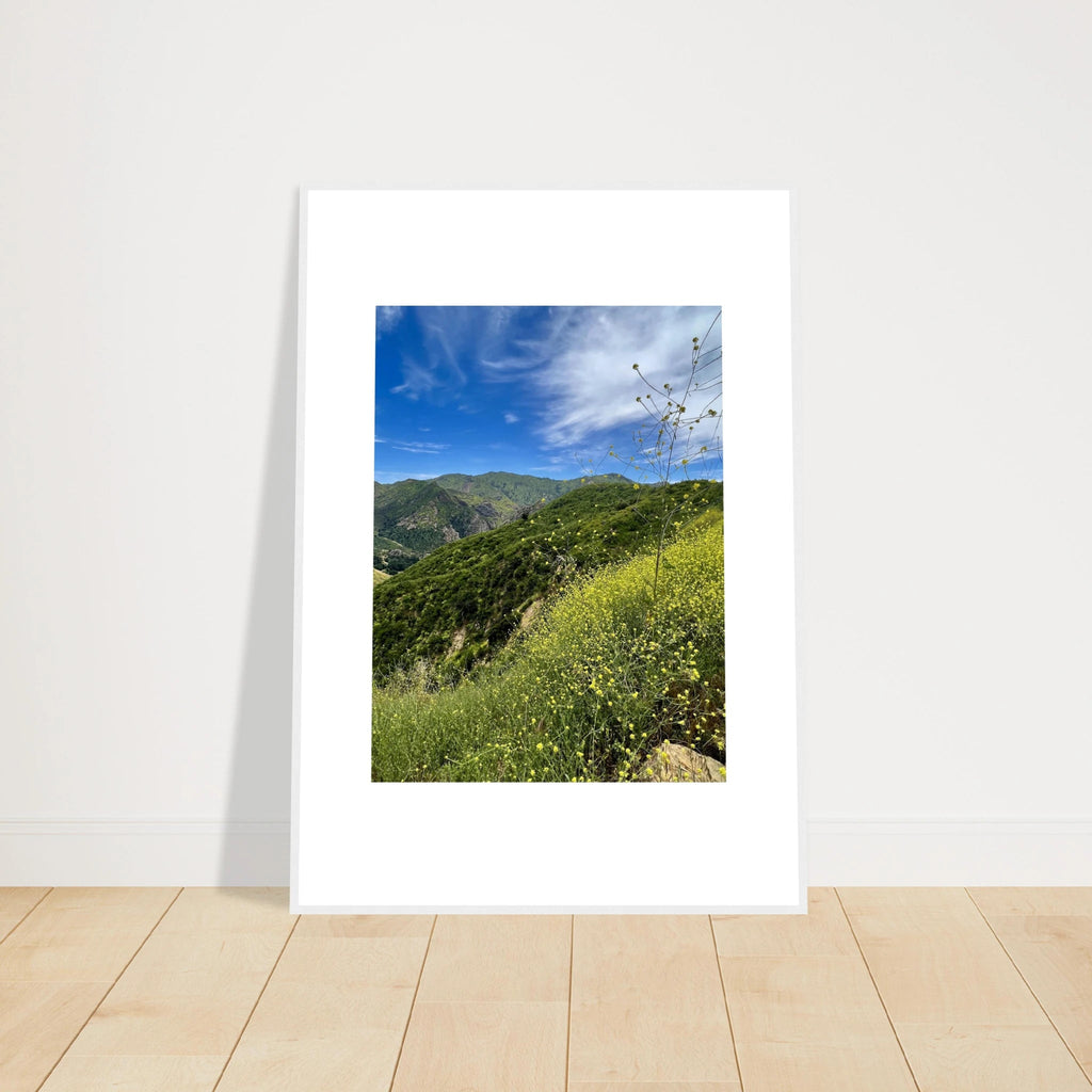 Framed art print of Malibu Canyon in spring bloom wildflowers, featuring California poster art by My Store, 15x20 cm print with white frame