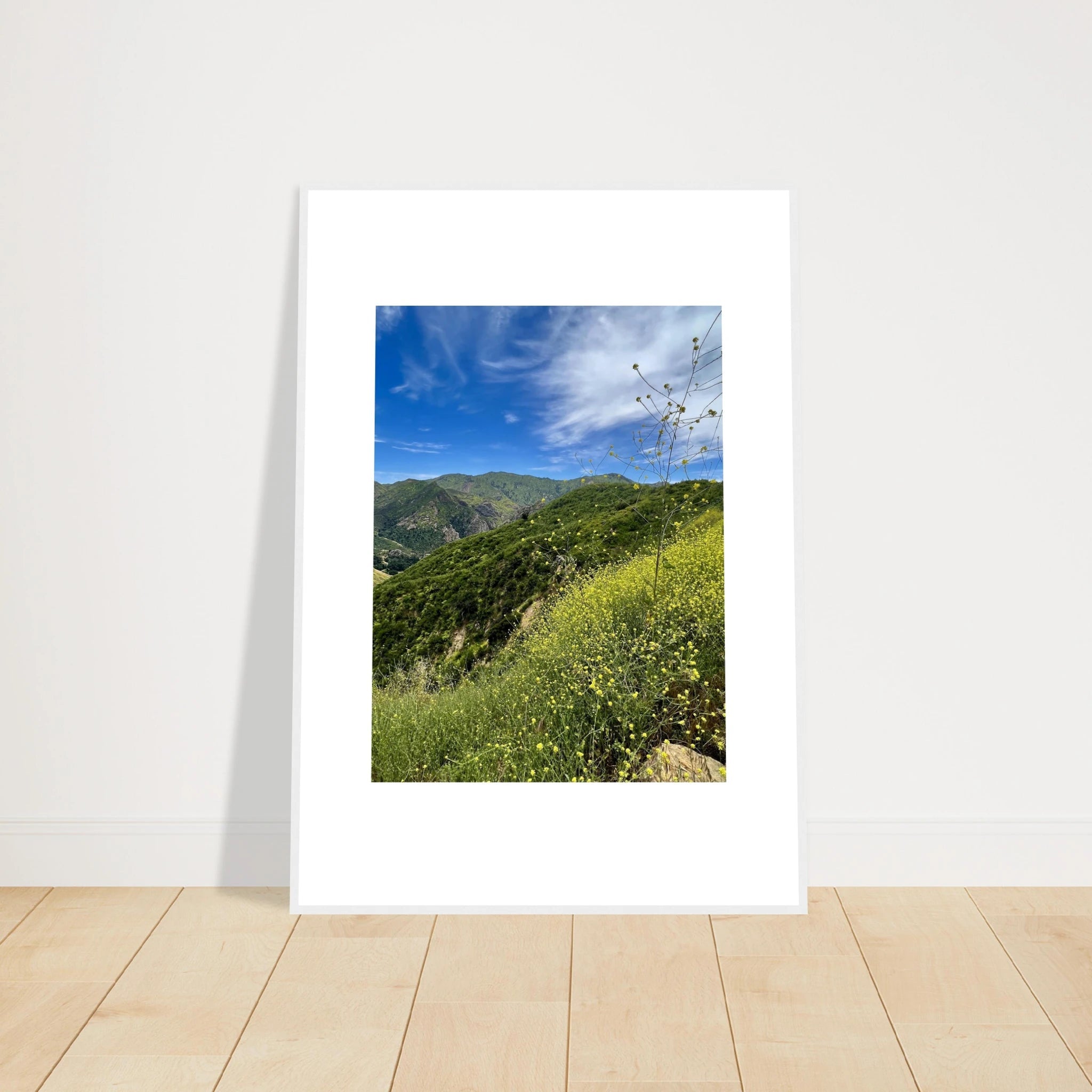 Framed art print of Malibu Canyon in spring bloom wildflowers, featuring California poster art by My Store, 15x20 cm print with white frame