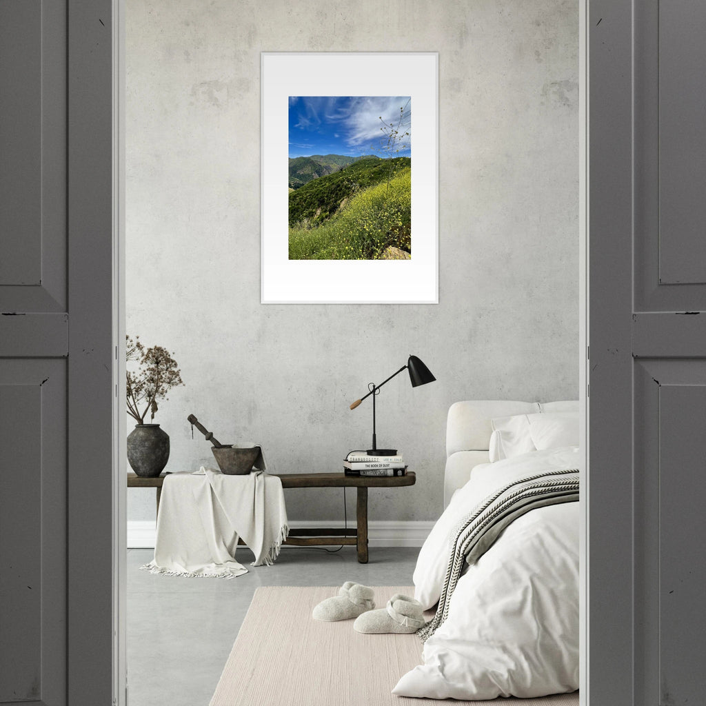 High-quality framed art print of Malibu Canyon in spring bloom wildflowers, California poster art, studio edition, 15x20 cm.