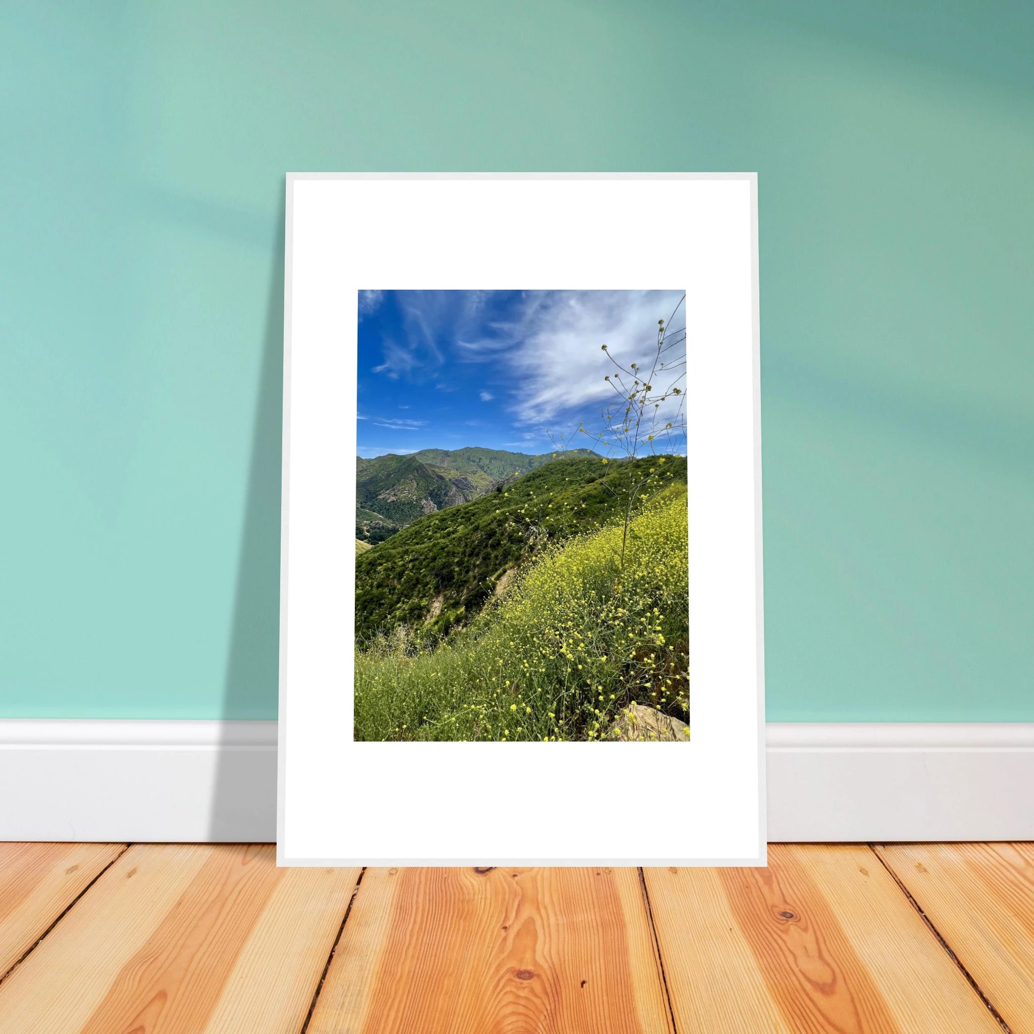 High-quality framed art print of Malibu Canyon in spring bloom wildflowers, showcasing California poster art in a white frame.